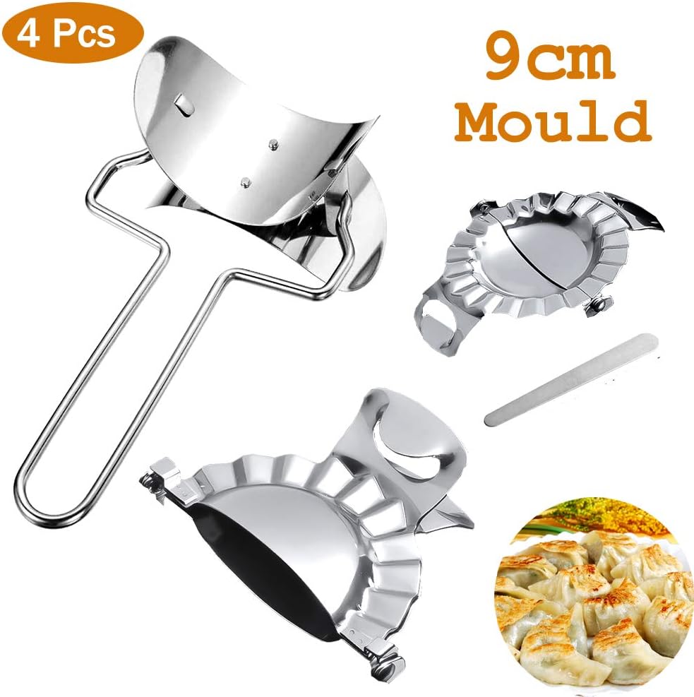 4 Pieces Stainless Steel Dumplings Maker, 1 Stuffing Spoon, 1 Dumpling Skin Maker, 2 Dumpling Molds, Chinese Dumpling Pie Press Molds, Home Kitchen Tools (Size B)
