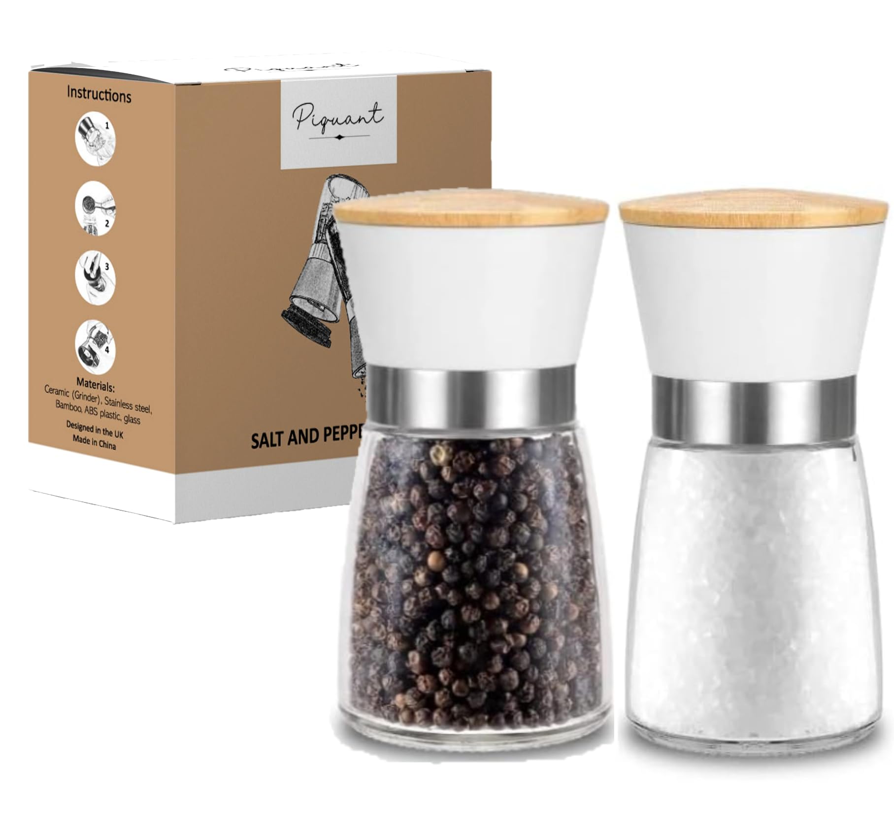 Salt and Pepper Mills Grinder Set of 2 Refillable Ceramic Grinder Adjustable Levels Kitchen Gifts (White)