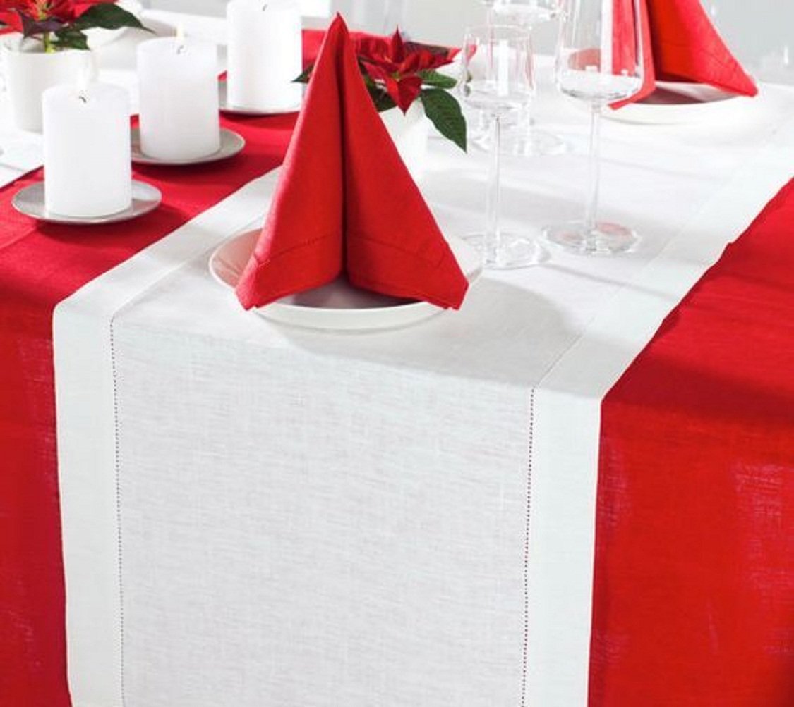 Linen Clubs Hand Made Ladder Lace Egyptian Slub Cotton Linen Table Runner, 16-Inch-by-90-Inch, White