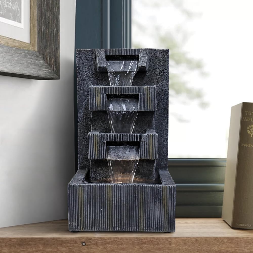 Indoor Fountains & Accessories - BBabe 15.7inches Tabletop Water Fountain with LED Light, 4-Tiers Indoor Zen Relaxation Waterfall Fountain for Office and Home Decor