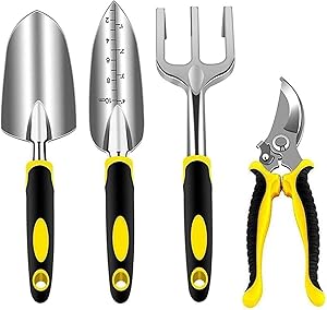 Lion-Y Garden Tool Set 4 Piece Aluminum Gardening Tools Kit with Pruning Shear, Rake, Shovel and Heavy Duty Trowel for Outdoor Flower Plant Bonsai Gardening Hand Tools