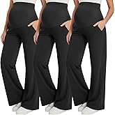 Coume 3 Pack Women's Maternity Pants Over The Belly Pregnancy Yoga Pants Stretchy Loose Wide Leg Trousers with Pockets