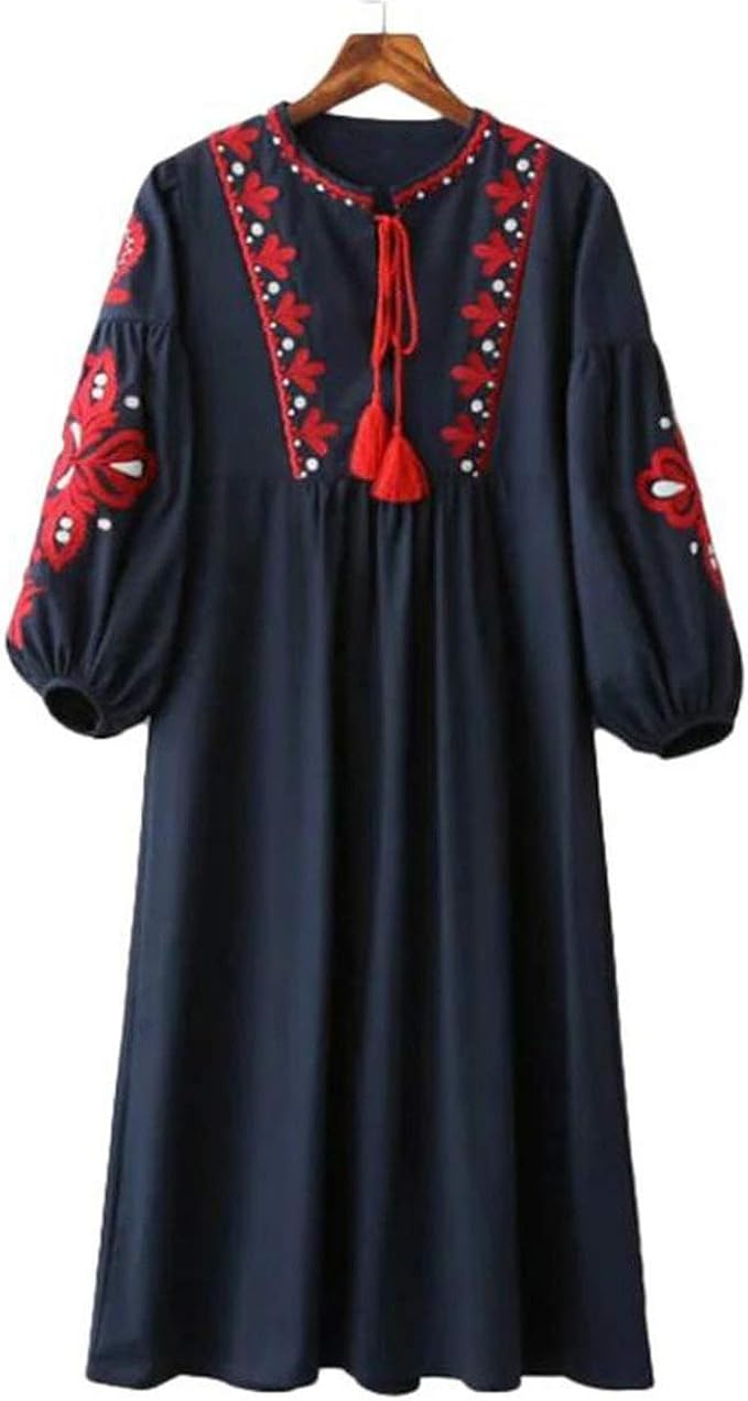 Amazon Co Jp 女性ヴィンテージ花柄刺繍ワンピース巾着タイタッセルロングスリーブ 服 ファッション小物