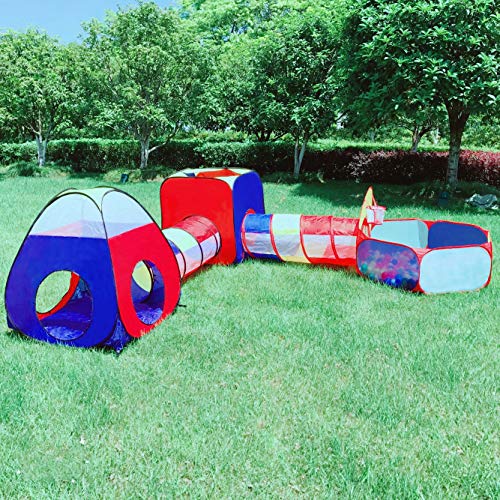 LOJETON 5pc Kids Play Tents Crawl Tunnels, Ball Pit with Basketball Hoop, Pop Up Playhouse for Boys, Girls, Babies, and Toddlers - Indoor & Outdoor Use - Thumbnail 4