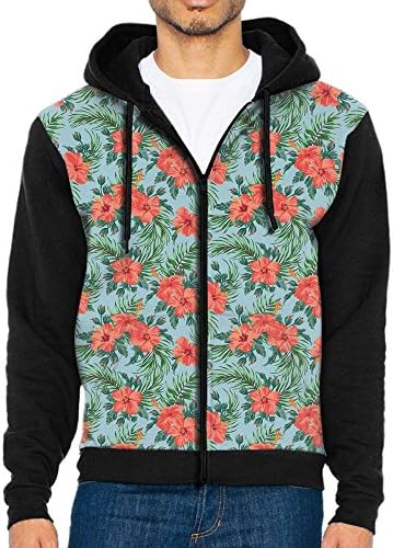 Joapron Exotic Bouquet Design With Hibiscus Flourish Aloha Botanical Men's Zipper Splicing Overcoat Belt Hat and Pocket XXL