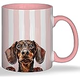 MKIJUHB Dachshund Mug, Dachshund Lovers Gifts Ceramic Coffee Cup With Handle, Weiner Dog Gifts for Women, Pink and White Striped Sausage Dog Tea Mug, 11 Ounce