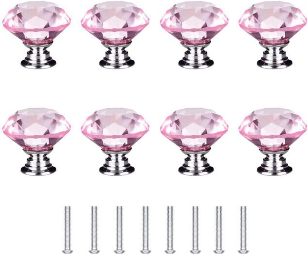 Concisea 8pcs 30mm Crystal Knobs,Crystal Glass Diamond Shaped Door Knobs,Cabinet Door Drawer Knob Kitchen Dresser Wardrobe Pull Handle with Screws for Drawer Cabinet Furniture Kitchen Home(Pink)