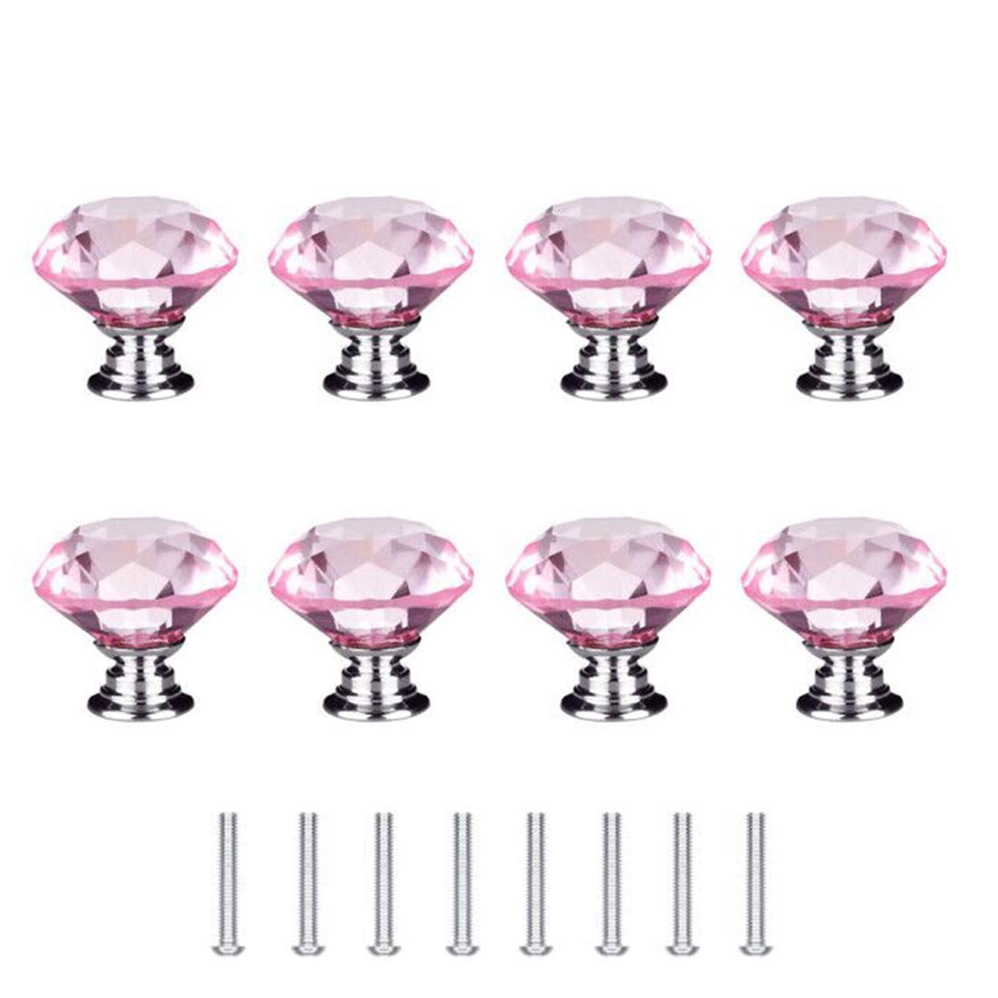 Concisea 8pcs 30mm Crystal Knobs,Crystal Glass Diamond Shaped Door Knobs,Cabinet Door Drawer Knob Kitchen Dresser Wardrobe Pull Handle with Screws for Drawer Cabinet Furniture Kitchen Home(Pink)