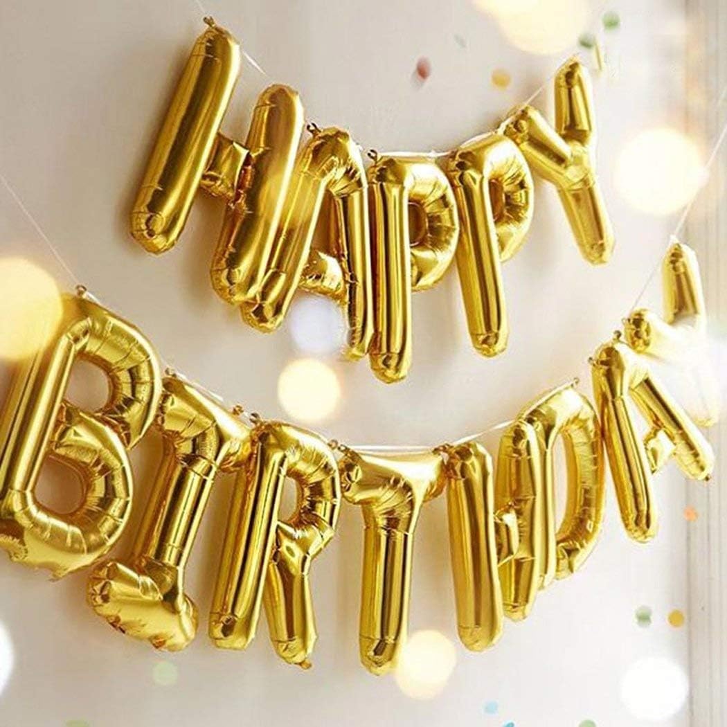 Gold Happy Birthday Balloons Banner with Ribbon Straw - Image 5
