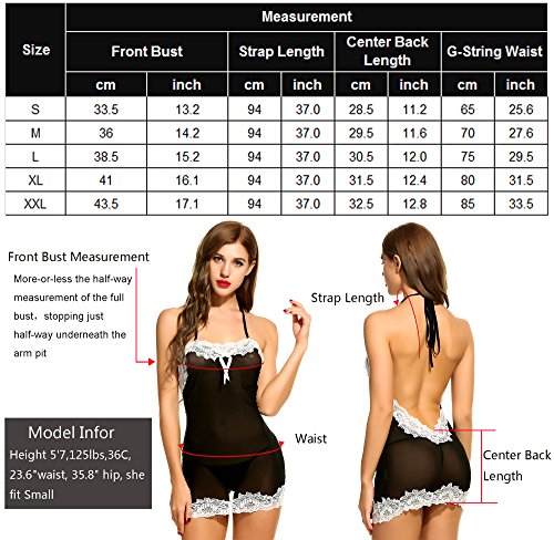 Avidlove Women Sexy Lingerie Halter Backless Lace Trim Babydoll G-String 2 Piece Set Sleepwear Black Large