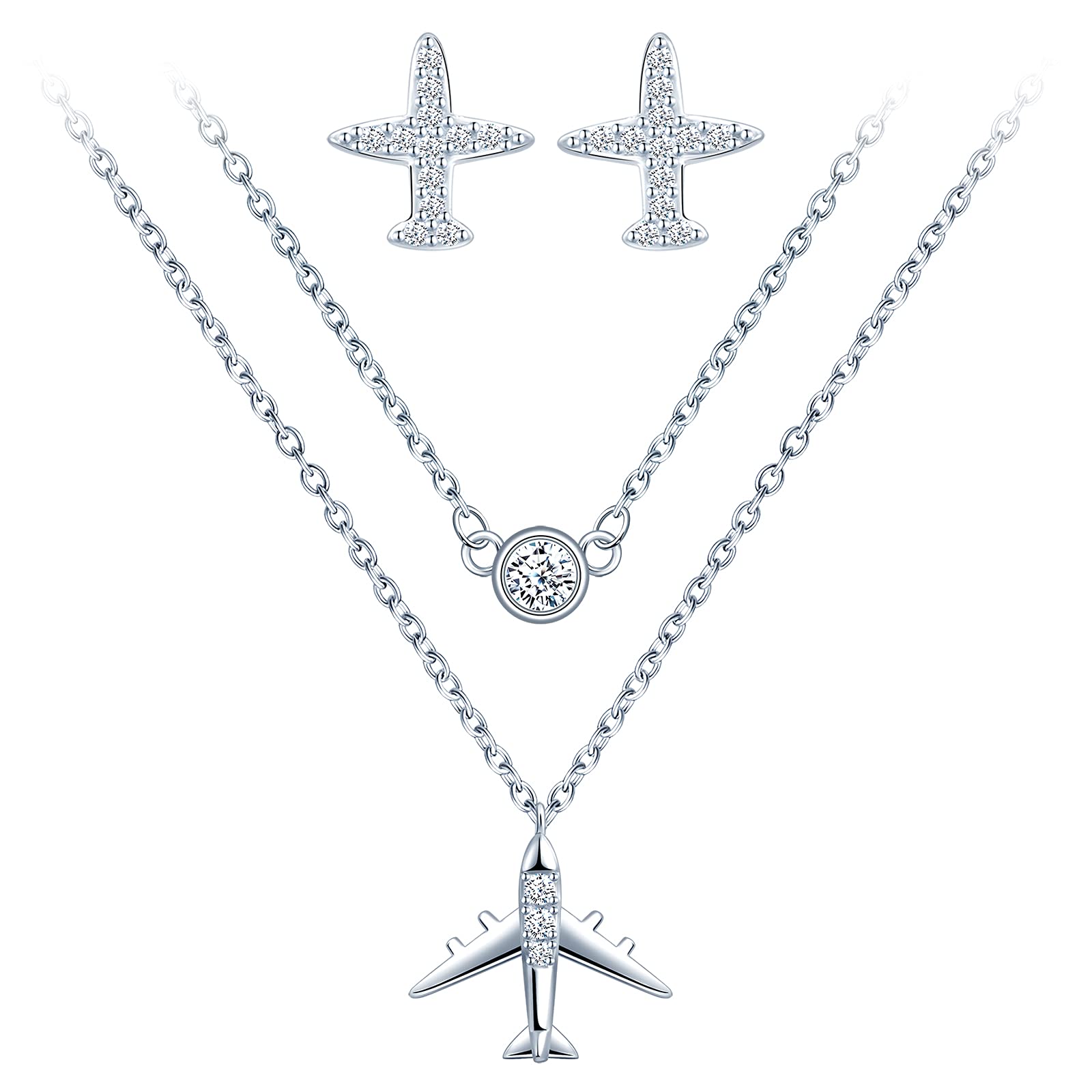 Yumilok Layered Necklace Stud Earrings Set 925 Sterling Silver Airplane Jewellery Set for Girls