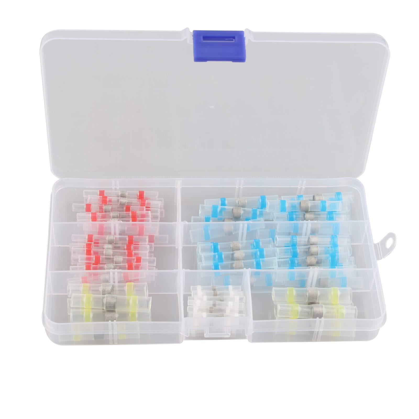HALJIA 100PCS Solder Seal Wire Connector Waterproof Heat Shrink Butt Connectors Terminals Electrical Insulated Wire Splice Assortment Kit with Case Blue Yellow Red White for Boat Truck Trailer Wiring