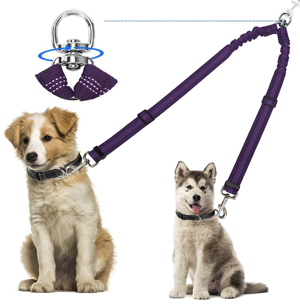 Kelivi Double Dog Lead Coupler, No Tangle 360°Swivel Rotation Two 2 Splitter, Heavy Duty Adjustable Bungee Reflective Dual Leash for Walking Medium Large (Purple)