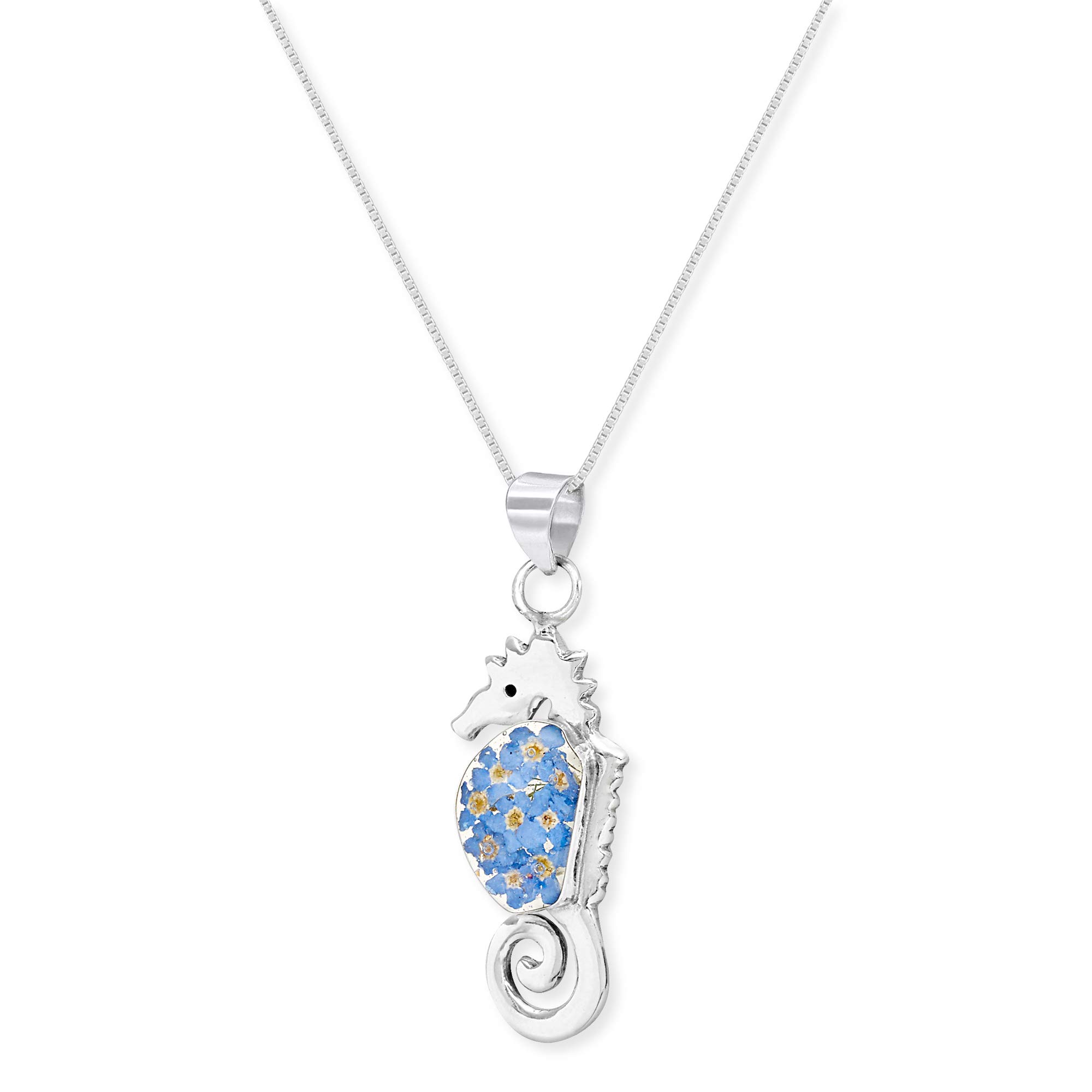 Shrieking Violet 925 Sterling Silver Seahorse Real Flower Pendant Necklace - Forget-Me-Not (Blue)