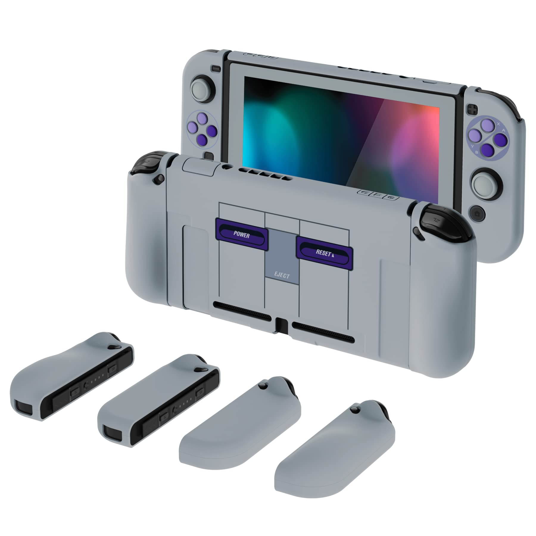 PlayVital AlterGrips Ergonomic Grips Cover for Nintendo Switch, [2 Design] Interchangeable Comfort Dockable Protective Case with Screen Protector & Thumb Grip Buttons Caps - Classics SNES Style