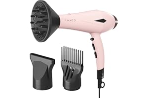 TIK&CO Hair Dryer Blow Dryer with Diffuser Brush Comb Attachments Powerful AC Motor for 3c Thick Hair Curly Women Professional Salon Best Hair Dryer(Pink)