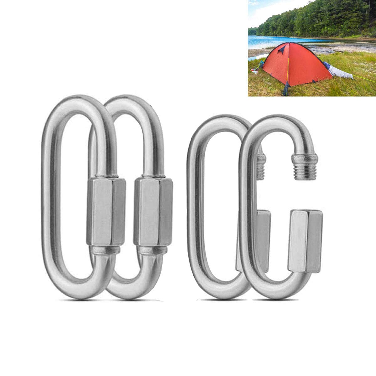 Osuter 304 Stainless Steel Locking Carabiner,4PCS Threaded Quick Link D Shape Locking Quick Chain Repair Links(M8 + M10)