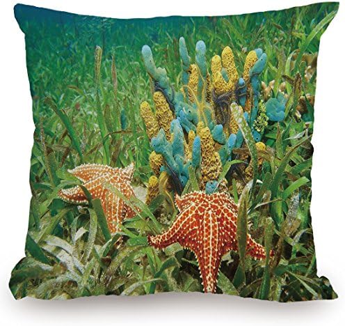 KissCase Throw Pillow Cushion Cover,Starfish Decor,Underwater Life with Colorful Sponges and Starfish Surrounded by Seagrass Decorative,Multicolor,Decorative Square Accent Pillow Case