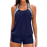 Women Two Piece Tankini Swimsuits - Tummy Control Bathing Suits Top with Shorts 2025 Blouson Swimwear