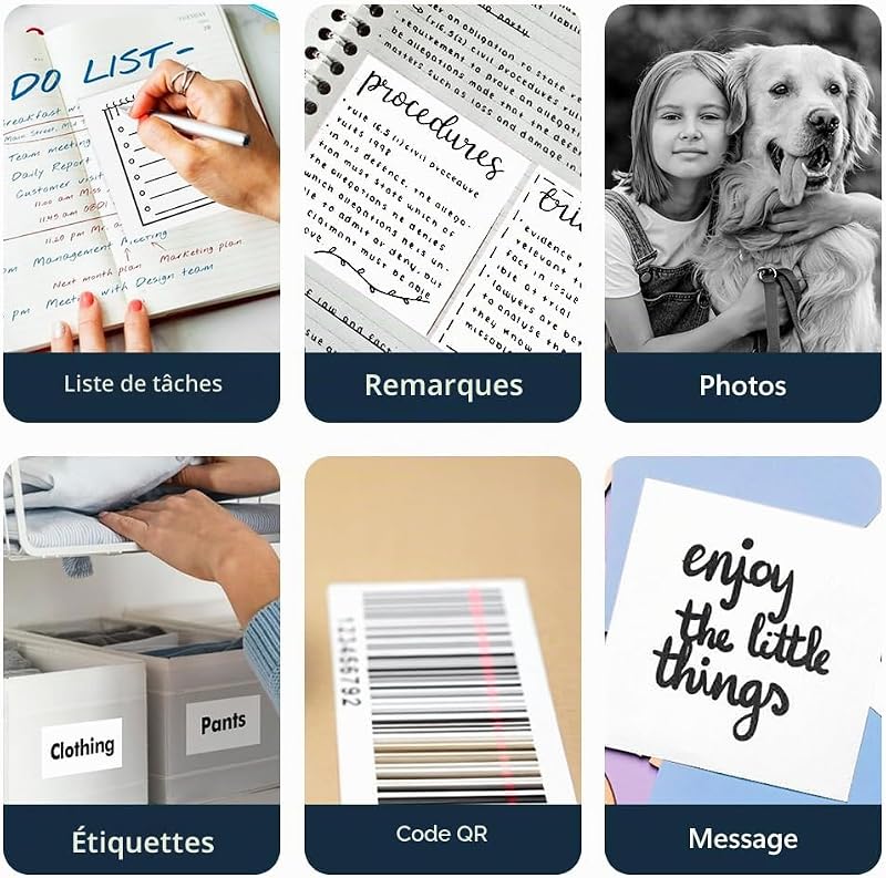 Mini imprimante, imprimante d'autocollants avec 6 rouleaux de papier thermique, imprimantes thermiques de poche portables, imprimantes photo sans encre Bluetooth sans encre avec batterie
