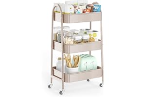 EAGMAK 3 Tier Utility Rolling Cart, Metal Storage Cart with Handle and Lockable Wheels, Multifunctional Storage Organizer Trolley with Mesh Baskets for Kitchen, Living Room, Office, Garage (Beige)