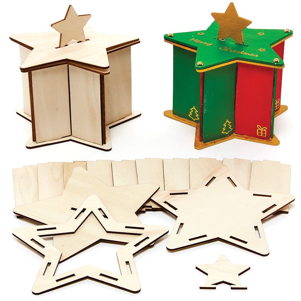 Baker Ross FX265 Star Wooden Box Kits - Pack of 3, Christmas Decoration Crafts for Kids, Wood Craft Kit, Christmas Craft Gifts