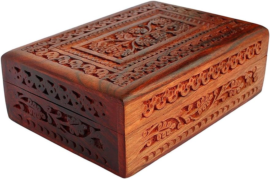 RGrandsons® Wooden Jewellery Box for Women Wooden Jewel Organizer Hand Carved with Mugal Carvings Gift Items Handmade - 7 inch