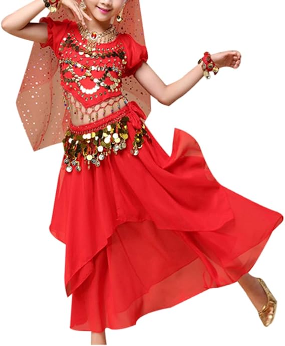 Girl Belly Dance Dress Sequin Stage Performance Costume(Red