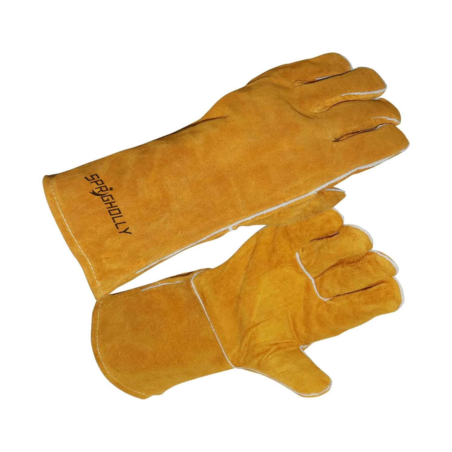 SPRIGHOLLY Leather Welding Gloves,Fireproof Heat Resistant Mitts for Barbecue, TIG MIG, BBQ,Firefighting, Fireplace, Oven, Baking, Stove, Pot Holder (14”)
