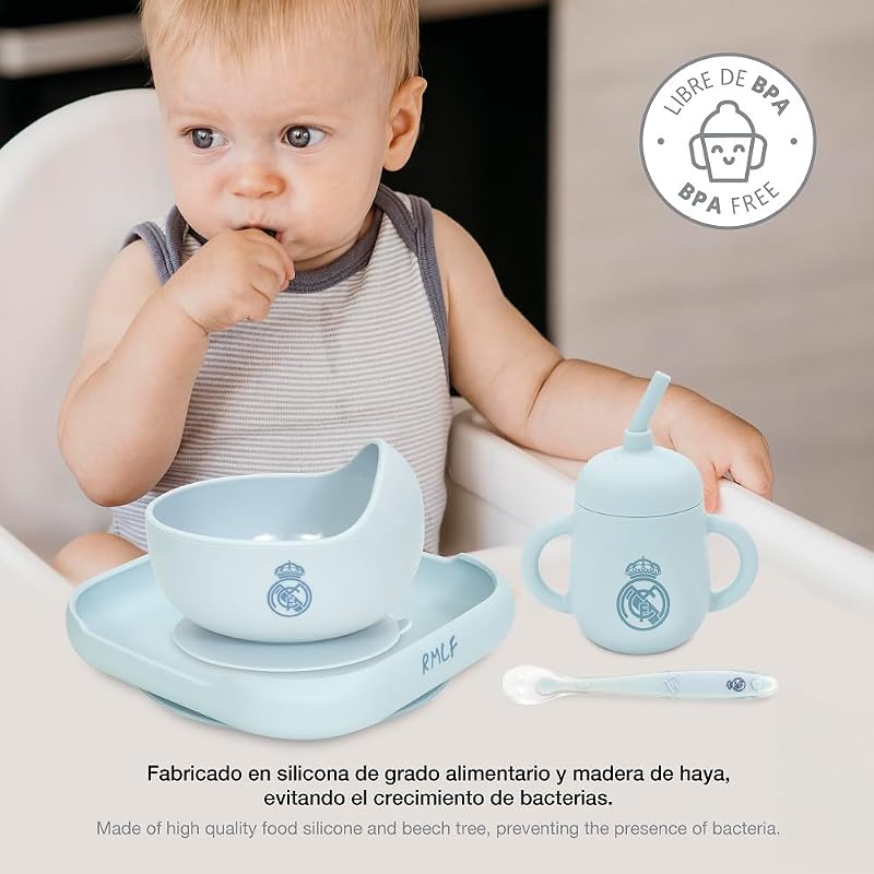 - Set de Vajilla Infantil 4 Piezas de Silicona Real Madrid Azul| Plato, Bol, Cuchara y Taza |Apto para Microondas y Lavavajillas | Libre de BPA