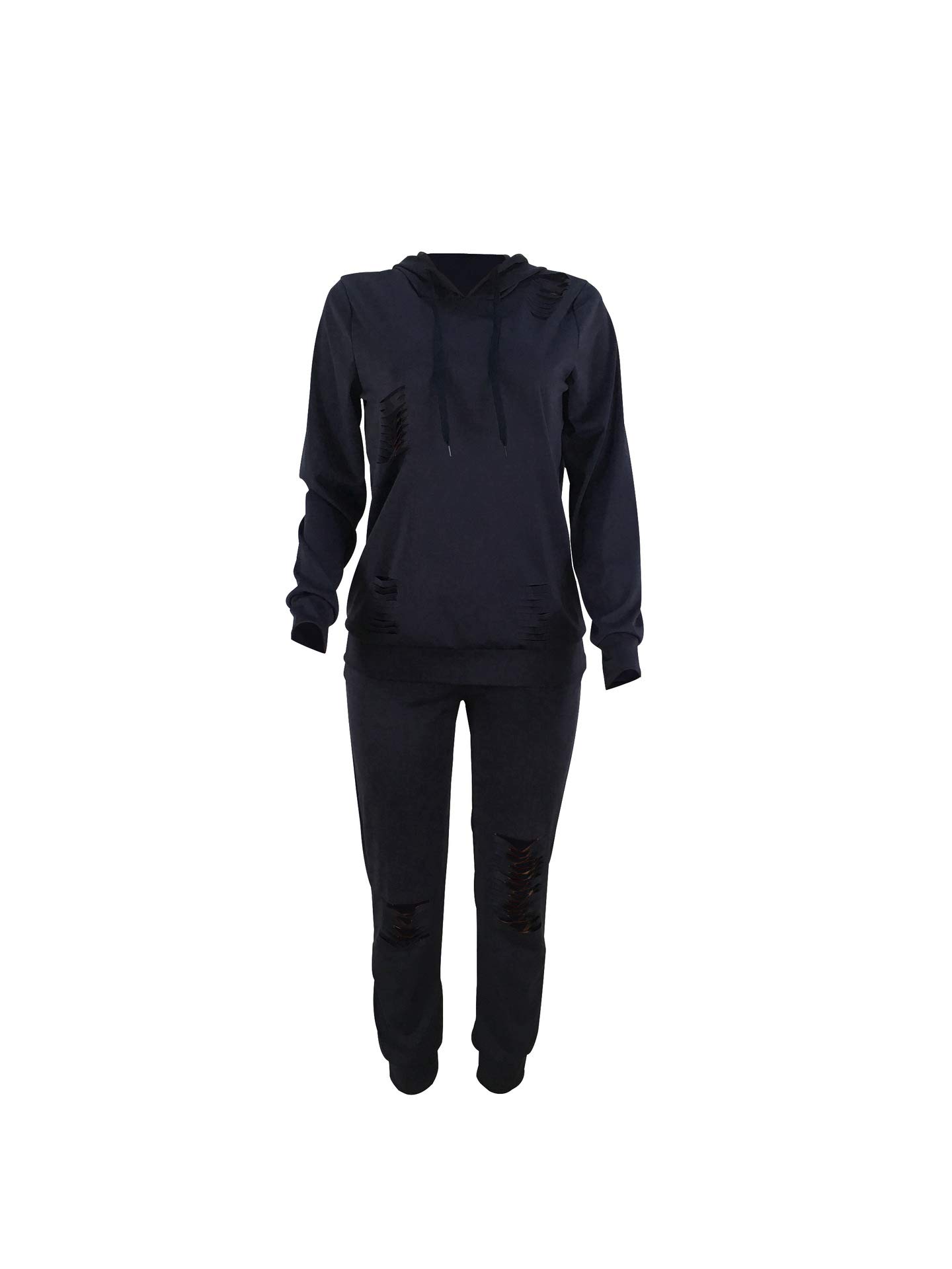 2 Piece Outfits for Women Ripped Hole Hoodies Pullover Tops and Sweatpants Sports Tracksuit Set Plus Size Dark Blue X-Large