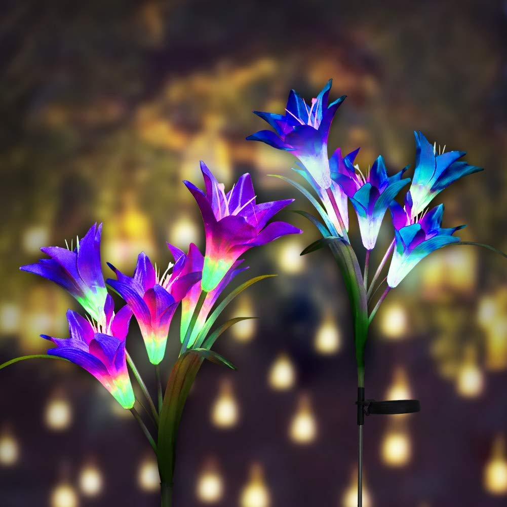Solar Garden Lights, 2 Pack Outdoor Stake Light with 8 Lily Flower, Multi-Color Changing LED Solar Decorative Lights for Path,Garden, Patio and Yard (Purple and White)