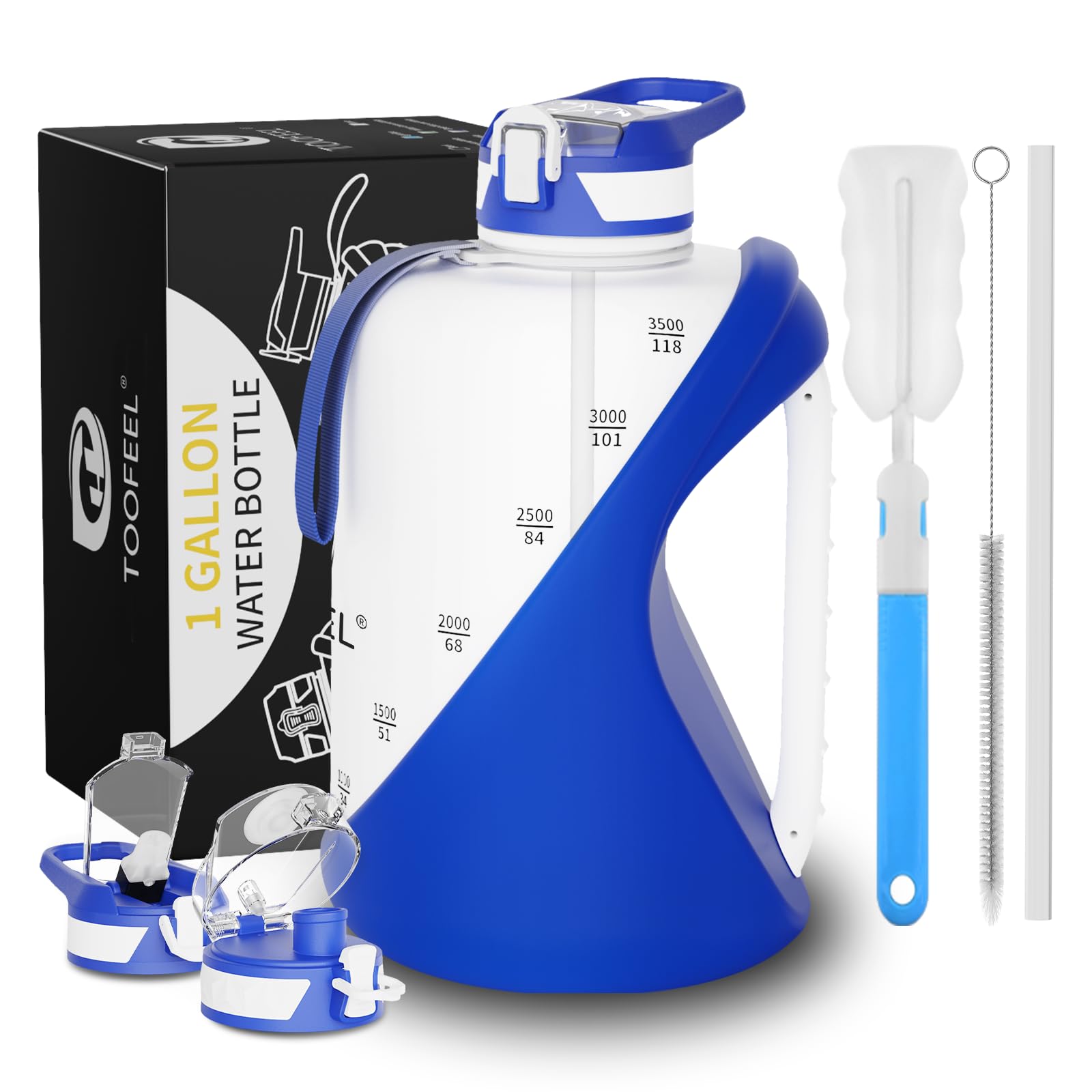 Photo 1 of TOOFEEL 1 gallon water bottle - 128 oz water bottle with Straw & Chug Lid - BPA Free Big Water Bottle with Handle - Gym Water Bottle - Deep Blue and White