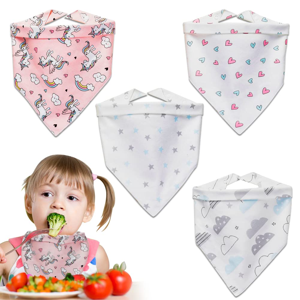 HINATAA Baby Bandana Drool Bibs, 4 Pack Absorbent Two-Layer Soft Organic Pure Cotton Bandana Bibs, Adjustable Buttons Super Absorbent Bibs for Baby (Clouds)