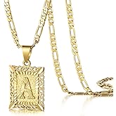 KissYan Initial Letter Pendant Necklace for Men Women, 14K Gold Plated Square Capital Monogram Necklace Alphabets from A-Z Figaro Chain Jewelry