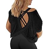 Fisoew Womens Plus Size Open Back Workout Tops Backless Short Sleeve Athletic Shirt Running Crop Top Gym Yoga T-Shirt