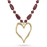 LNNVKRV Large Heart Necklaces for Women Exaggerated Gold Big Hollow Heart Pendant Necklace Vintage Colored Geometric Resin Bead Heart Choker Necklace Fashion Party Statement Jewelry for Women