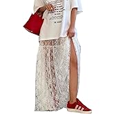 Women Sexy Sheer Lace White Flare Skirts Summer Floral Embroidered High Waist Long Maxi Beach Skirt