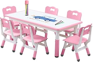 HAPPYMATY Kids Table and Chairs Set, Height Adjustable Desk With 6 Seats for Ages 3-12,Arts & Crafts Table,Graffiti Desktop, Non-Slip Legs, Max 300lbs, Children Multi-Activity Table for Classrooms,Daycares,Home