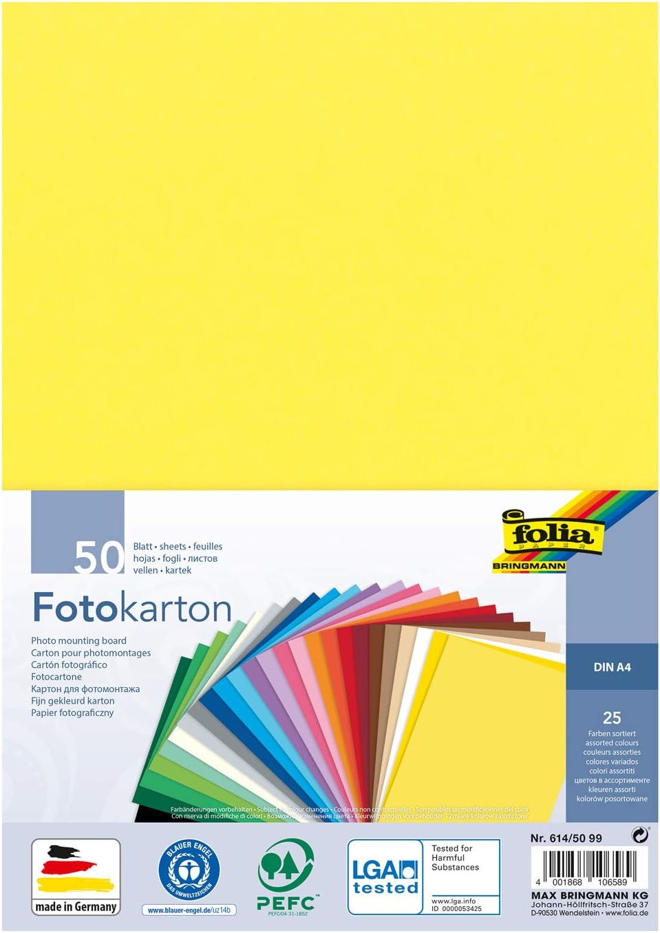 folia 614/50 99 Photo Card Mix, DIN A4, 300 g/m², 50 Sheets, Assorted in 25 Colours