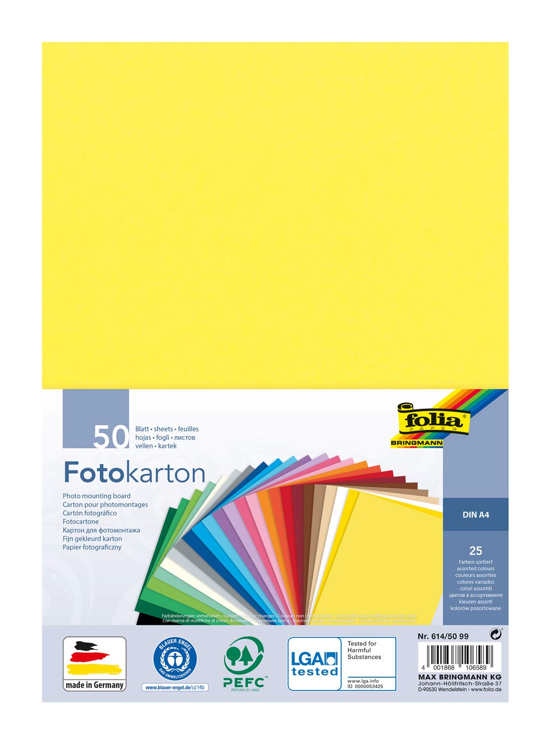 folia 614/50 99 Photo Card Mix, DIN A4, 300 g/m², 50 Sheets, Assorted in 25 Colours, for Crafts and Creative Design of Cards, Window Pictures and for Scrapbooking