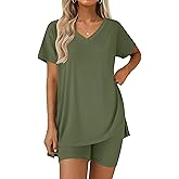 Ekouaer Pajamas for Womens Set 2 Piece Lounge Set Lightweight Summer Pjs Biker Shorts Sets V-Neck Tops Matching Outfits Set