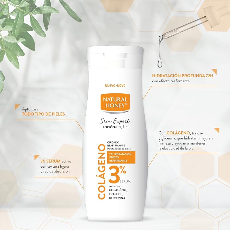 , Loção corporal Skin Expert com colagénio, efeito firme com sérum ativo a 3%, 72H de hidratação profunda, textura leve, absorção rápida, adequado para todos os tipos de pele