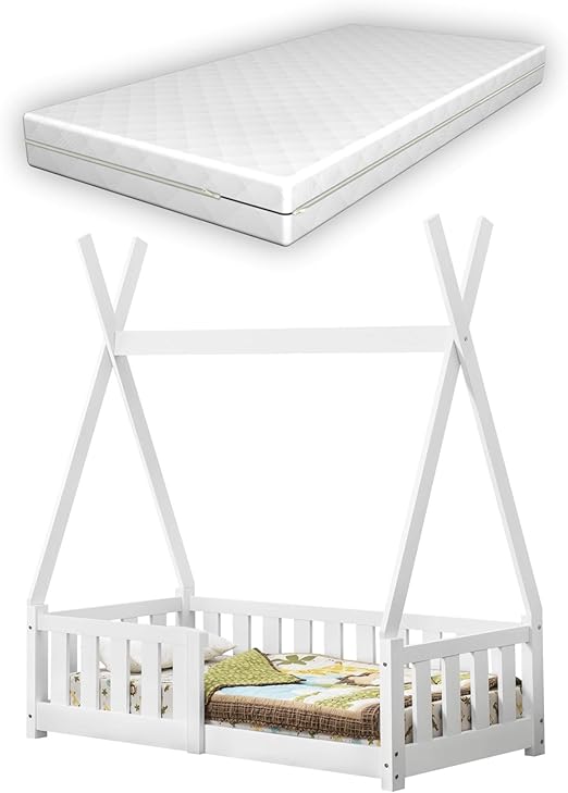 En Casa Kinderbett Mit Matratze 70x140cm Weiss Mit Rausfallschutz Im Tipi Design Aus Kiefernholz Jugendbett Bett Holzbett Hausbett Amazon De Kuche Haushalt