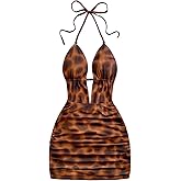SweatyRocks Women's Leopard Print Mesh Halter Mini Dress Deep V Neck Ruched Bodycon Party Dresses