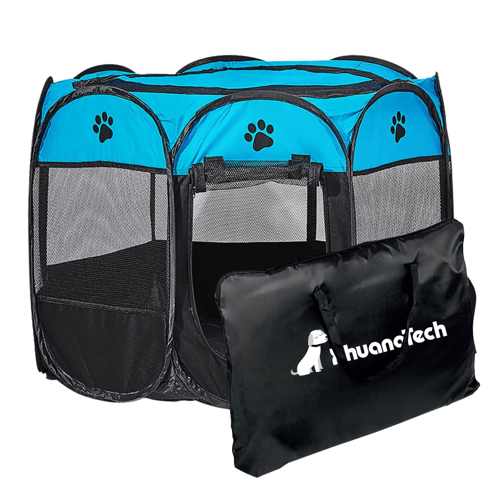 XhuangTech Soft Fabric Portable Foldable Pet Dog Cat Puppy Playpen, Indoor/Outdoor use Pet Kennel Cage Travel Pet Carrier + Carrying Case… (Light Blue & Black)