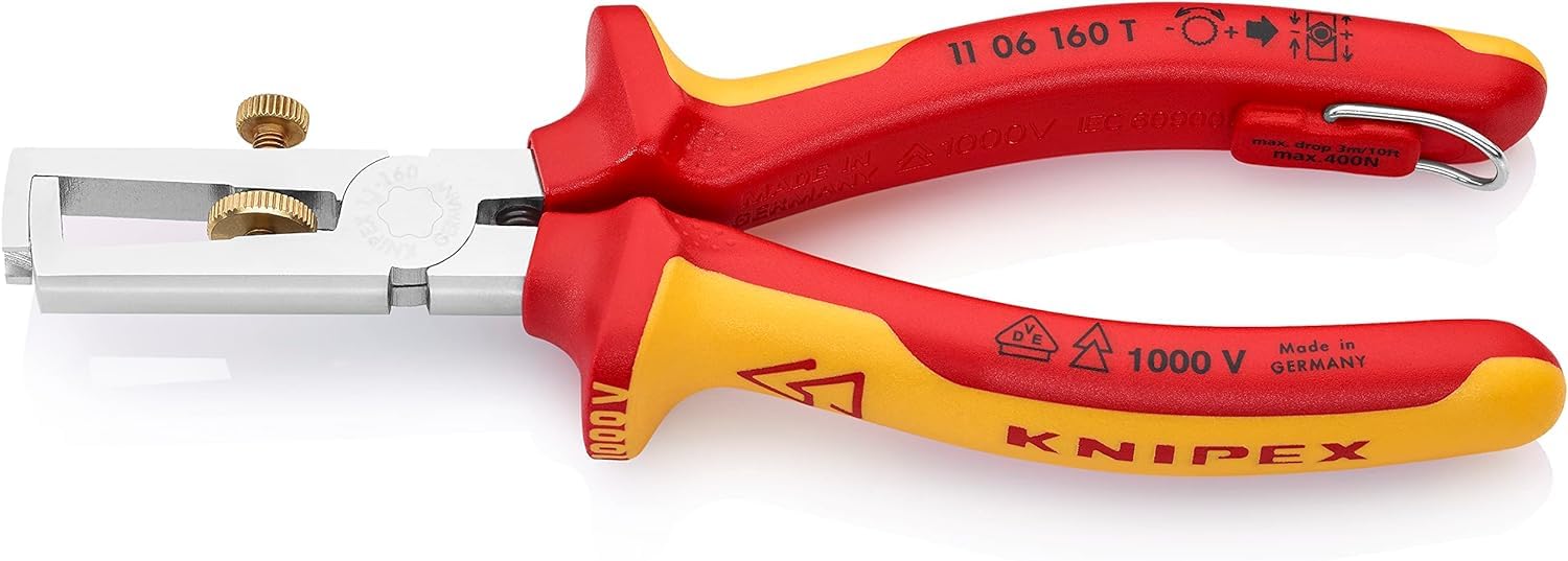 KNIPEX Insulation Stripper with Opening Spring, Universal in Blister Chrome-Plated Insulated with Multi-Component Grips, VDE-Tested, 11 06 160 T BK