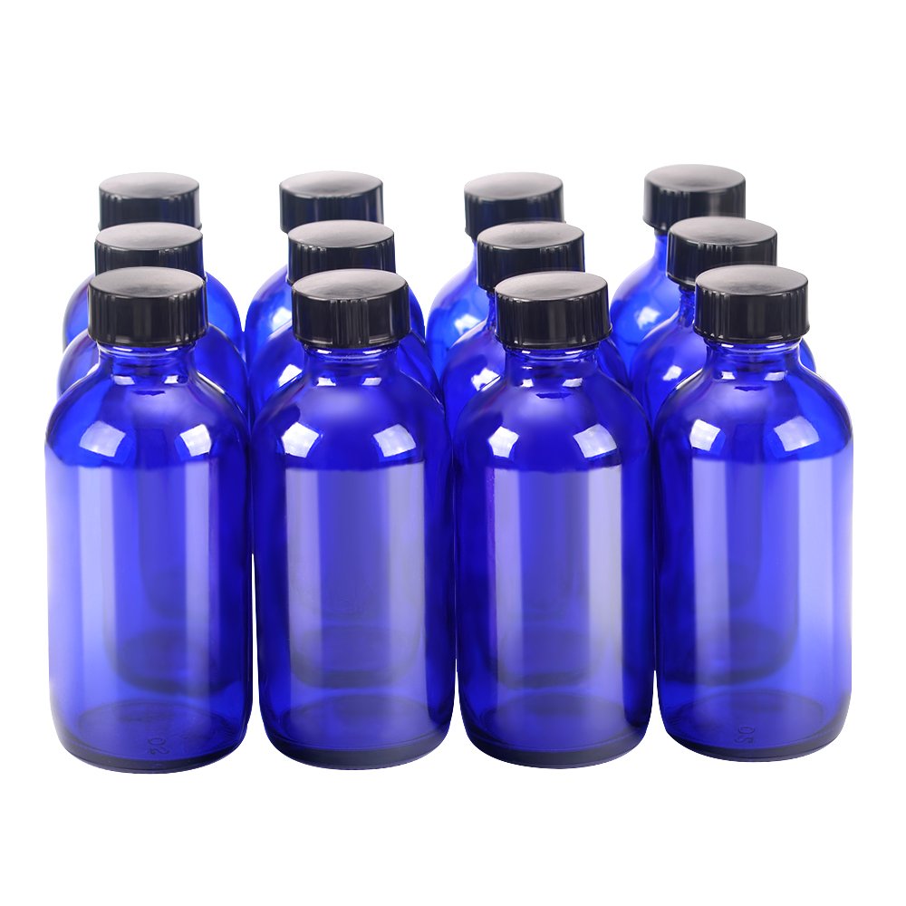 12 pack 4 oz 120 ml Cobalt Blue Glass Boston Bottle Bottles with Black Phenolic Cone Lined Caps,Perfect Reusable Bottles for Essential Oils,Cleaning Products,Lotion,Aromatherapy.