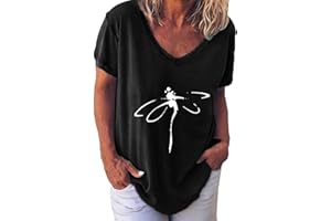 CTREELA Women's Dragonfly T Shirts Vintage Graphic Tees Loose Summer Plus Size Printed Short Sleeve Retro V Neck Blouse Tops