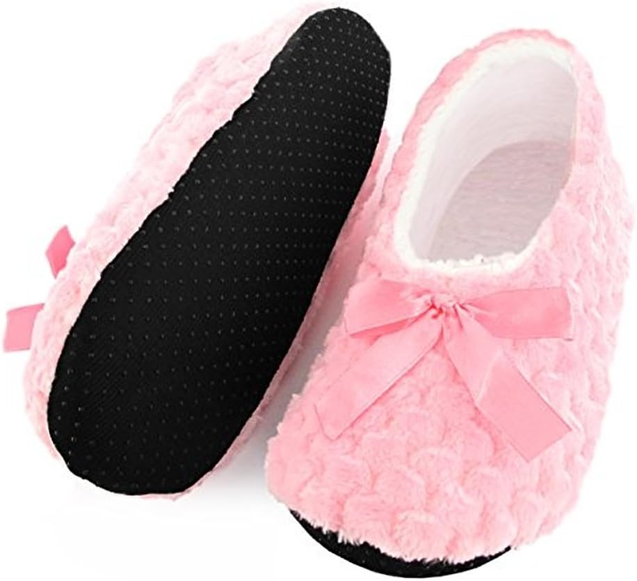 Good Deals Online Pink or Grey Fluffy Light Weight Slipper Socks with Bow Detailing with Soft Warm Inner Lining Women's Girls Footwear Sizes 36-37 or 38-39
